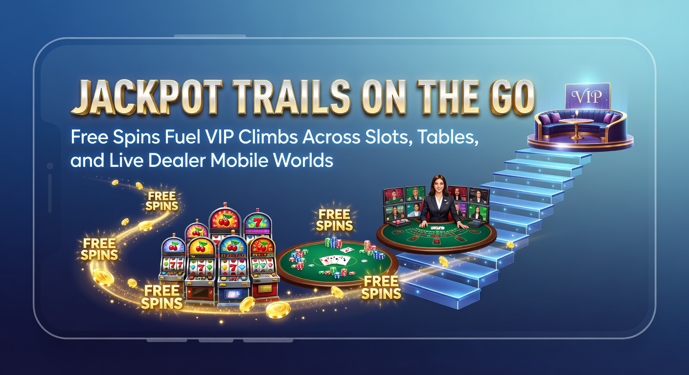 Smartphone zeigt ein mobiles Casino mit drehenden Slots und steigenden VIP-Leisten, umgeben von Jackpot-Symbolen und Free-Spin-Icons