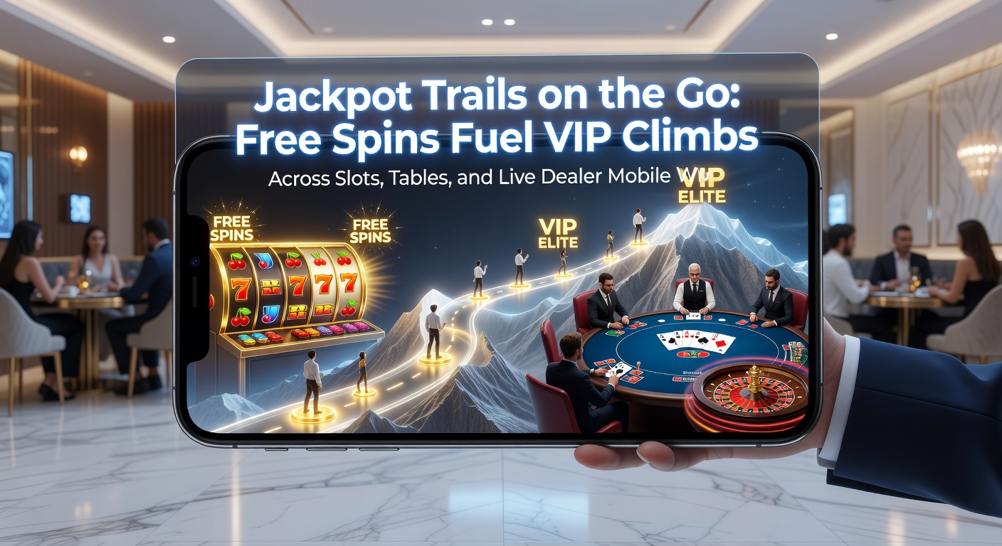Tablet-Display mit Blackjack-Tisch, Roulette-Rad und VIP-Leiter, die durch Free-Spin-Symbole ansteigt, im Hintergrund Jackpot-Zähler