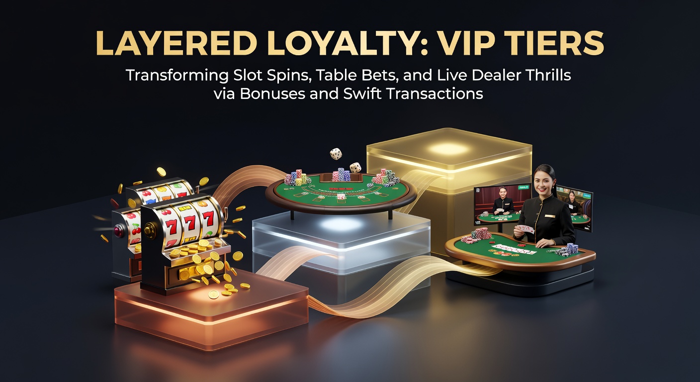 VIP-Stufen in Aktion: Ein Spieler steigt durch Boni und schnelle Transaktionen in höhere Levels auf, während Slots und Live-Tische im Hintergrund glänzen