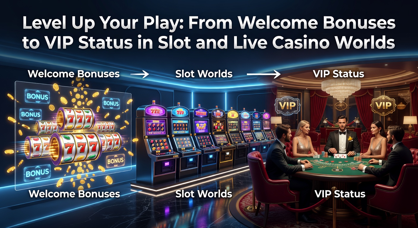 Bunte Slot-Maschinen und Live-Dealer-Tische mit leuchtenden VIP-Symbolen, die den Aufstieg vom Neuling zum High-Roller illustrieren