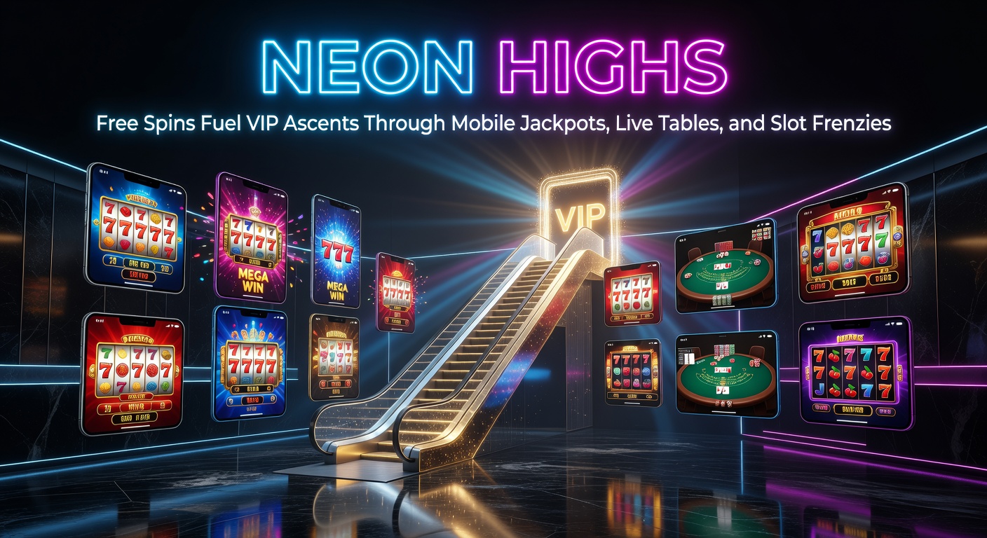 Leuchtende Neon-Slots mit Free-Spins-Symbolen und VIP-Treppen im mobilen Casino-Design