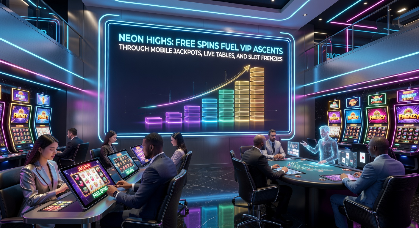 Dynamische Live-Tisch-Szene mit Neon-Effekten, Free-Spins-Overlay und steigender VIP-Leiter auf Mobilgerät