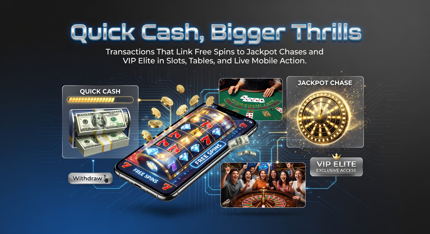 Grafik zeigt blitzschnelle Transaktionen, die Free Spins zu Jackpots und VIP-Leveln in Online-Casinos verknüpfen, mit Slots und Live-Dealer-Elementen
